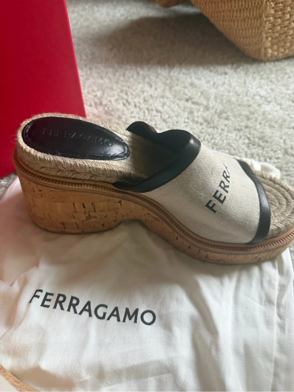 Salvatore Ferragamo Beige and Black Canvas Espadrille Wedge Slides